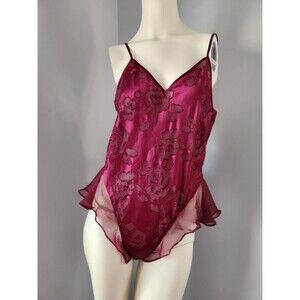 Victoria's Secret Vintage 90s Gold Label Burgundy Jacquard‎ Satin Teddy Lingerie